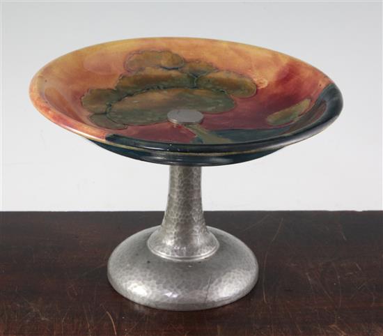 A William Moorcroft Eventide pattern Tudric pewter footed dish, 1920s, 15cm, restorations